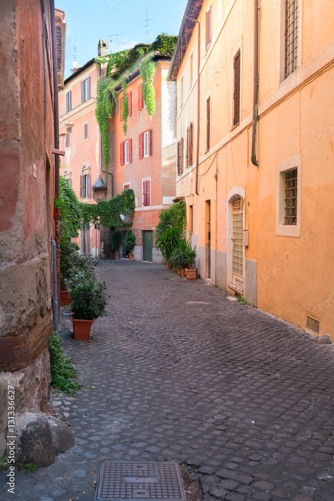 view of old town italian narrow street in Trastevere, Rome, Italy