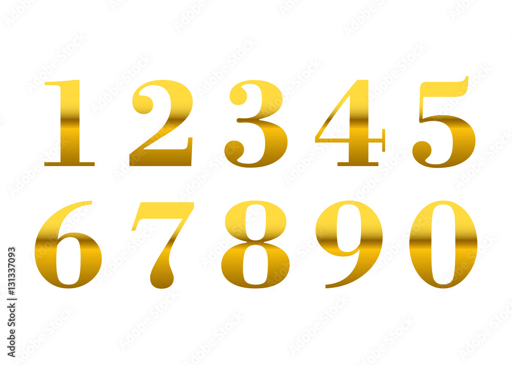 Gold numbers set. Golden metallic font, isolated on white background. Beautiful typography metal design for decoration. Symbol elegance royal graphic. Modern fashion signs. Vector illustration Gold numbers set. Golden metallic font, isolated on white background. Beautiful typography metal design for decoration. Symbol elegance royal graphic. Modern fashion signs. Vector illustration