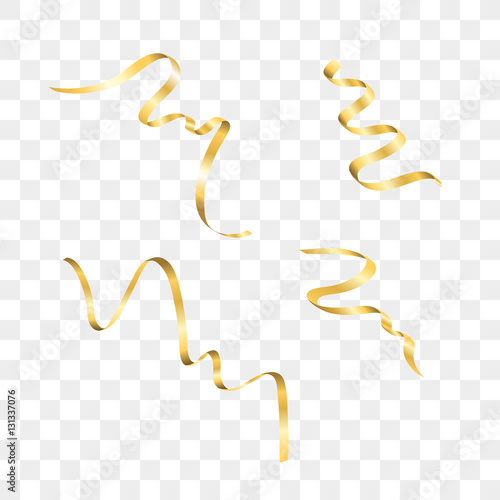 Gold streamers set. Golden serpentine ribbons, isolated on transparent background. Decoration for party, birthday celebrate or Christmas carnival, New Year gift. Festival decor. Vector illustration