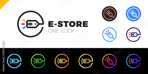 E store logo concept mouse click and shop tag in circle logotype set