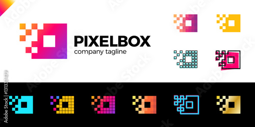 Set of Business corporate colorful letter O logo design vector logotype for technology. Pixel square or box icon