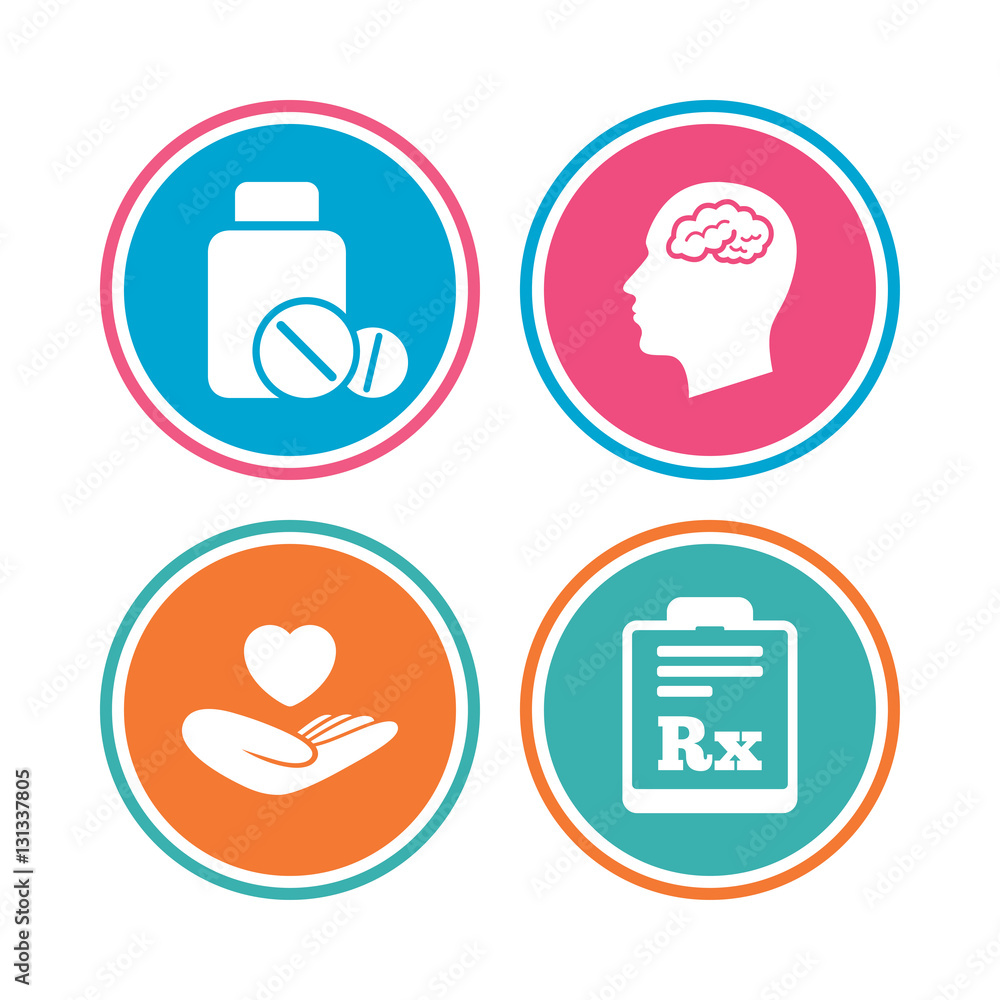 Medicine icons. Tablets bottle, brain, Rx. Medicine icons. Tablets bottle, brain, Rx.