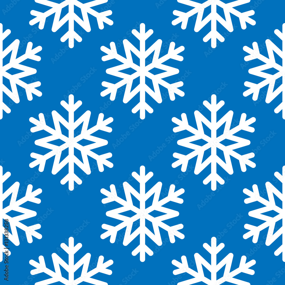 Snowflake simple seamless pattern. White snow on blue background. Abstract wallpaper, wrapping decoration. Symbol of winter, Merry Christmas holiday, Happy New Year celebration Vector illustration Snowflake simple seamless pattern. White snow on blue background. Abstract wallpaper, wrapping decoration. Symbol of winter, Merry Christmas holiday, Happy New Year celebration Vector illustration