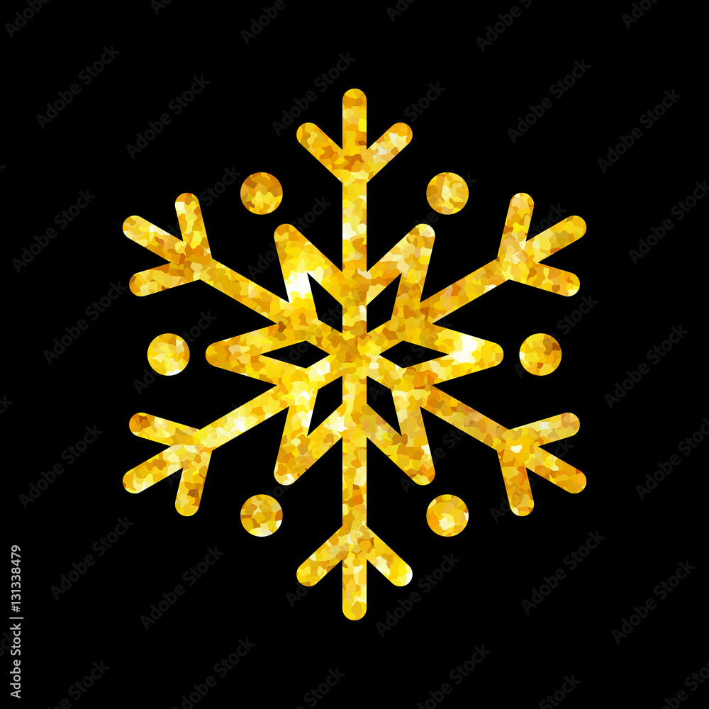 Fototapeta premium Gold Christmas snowflake icon. Golden fire silhouette snow flake sign isolated black background. Elegant design card, decoration. Symbol winter, New Year holiday celebration Vector illustration