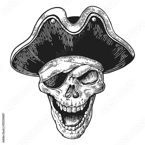 Skull in pirate clothes eye patch and hat smiling. Black vintage engraving vector