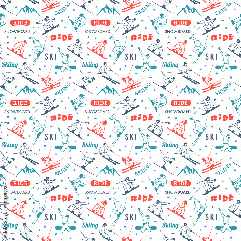 Winter sports seamless pattern with equipment flat icons.