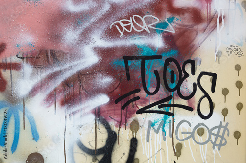 Close up of graffiti on a metallic fence