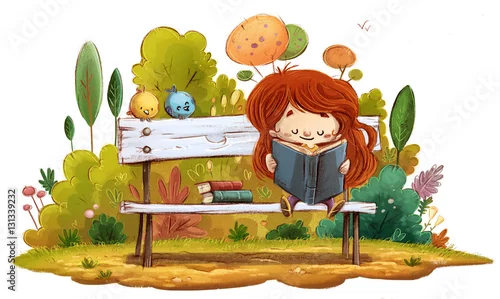 Obraz dziewczyna siedzi na ławce, czytanie w parku