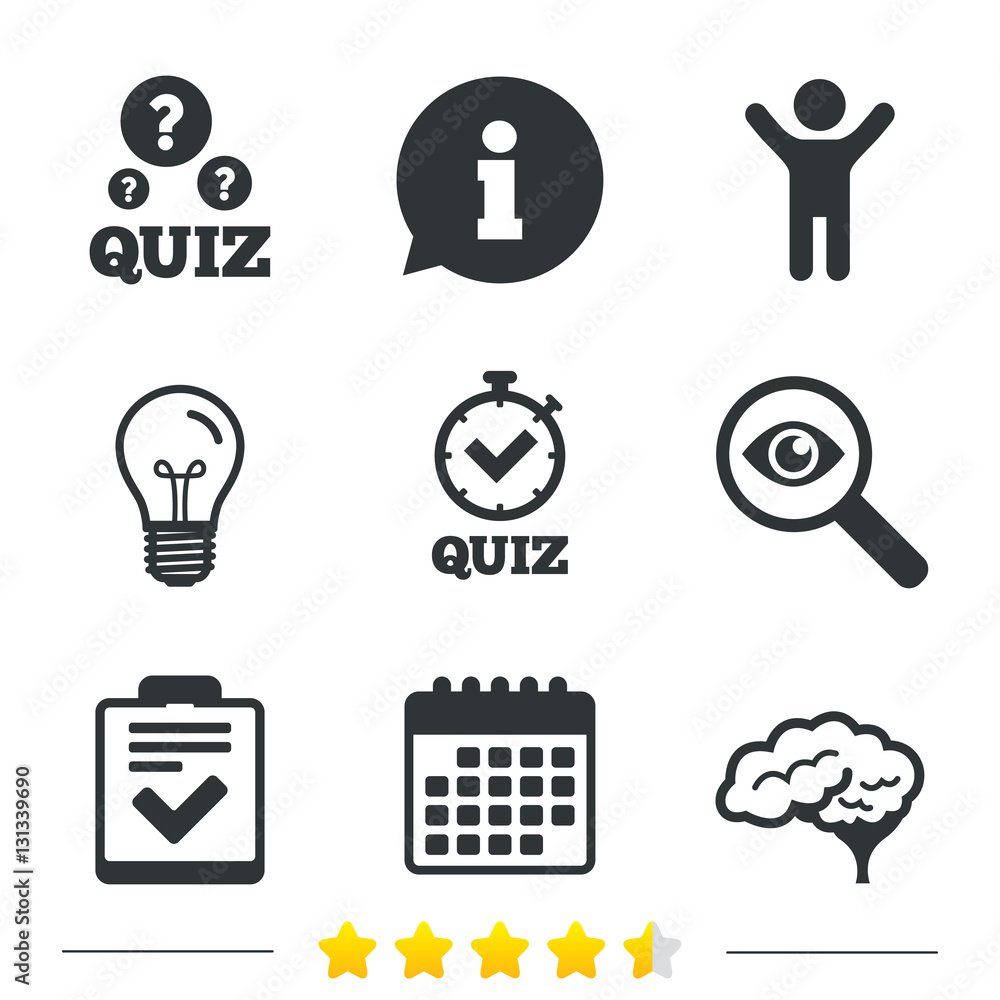 Quiz icons. Checklist and human brain symbols. Quiz icons. Checklist and human brain symbols.