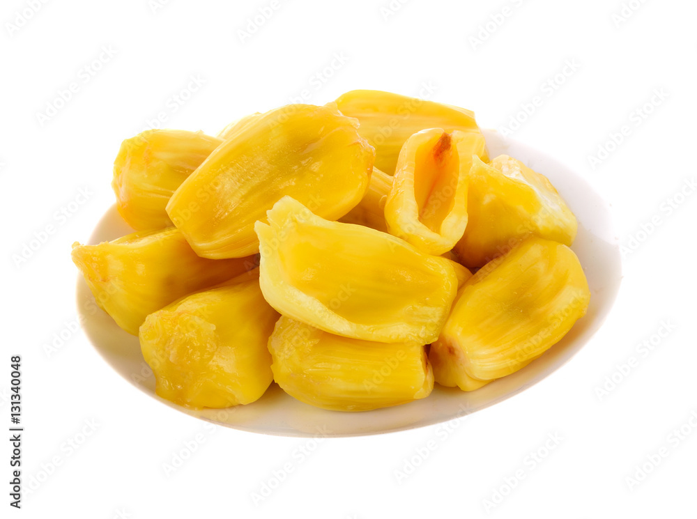 Ripe Jackfruit in white plate isolated on white background Ripe Jackfruit in white plate isolated on white background