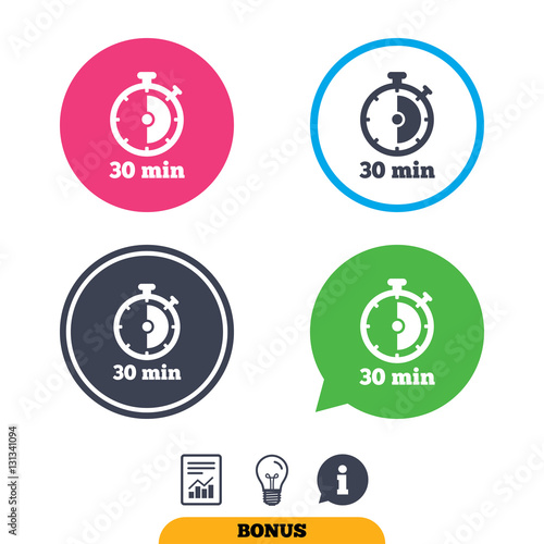 Timer sign icon. 30 minutes stopwatch symbol.