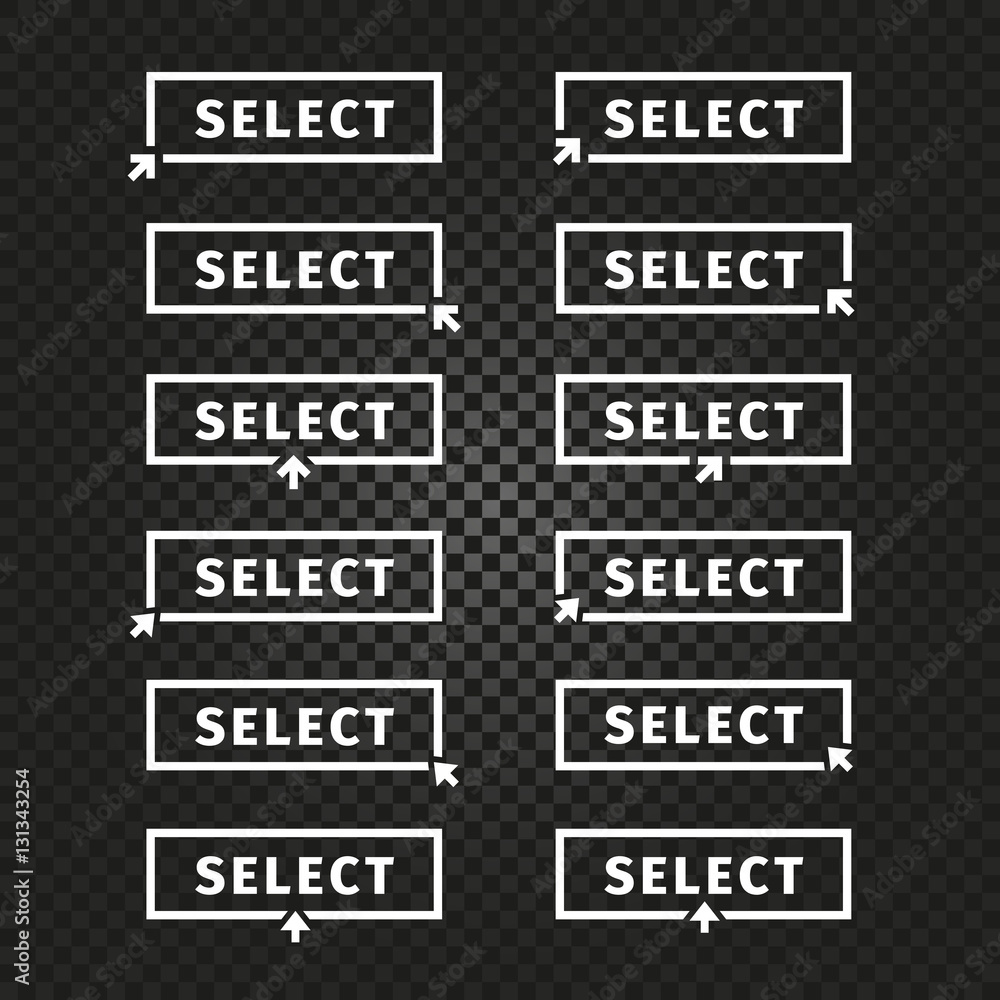Isolated white word select in frame on black background logo collection. Website element with cursor logotype set. Choice button icon. Unusual stamp vector illustration. Isolated white word select in frame on black background logo collection. Website element with cursor logotype set. Choice button icon. Unusual stamp vector illustration.
