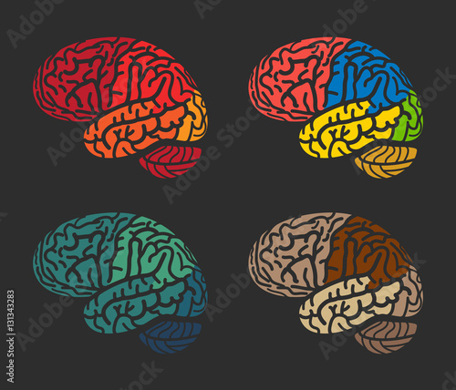 Isolated abstract colorful brain logo collection. Human cerebral hemispheres on black background logotype set.