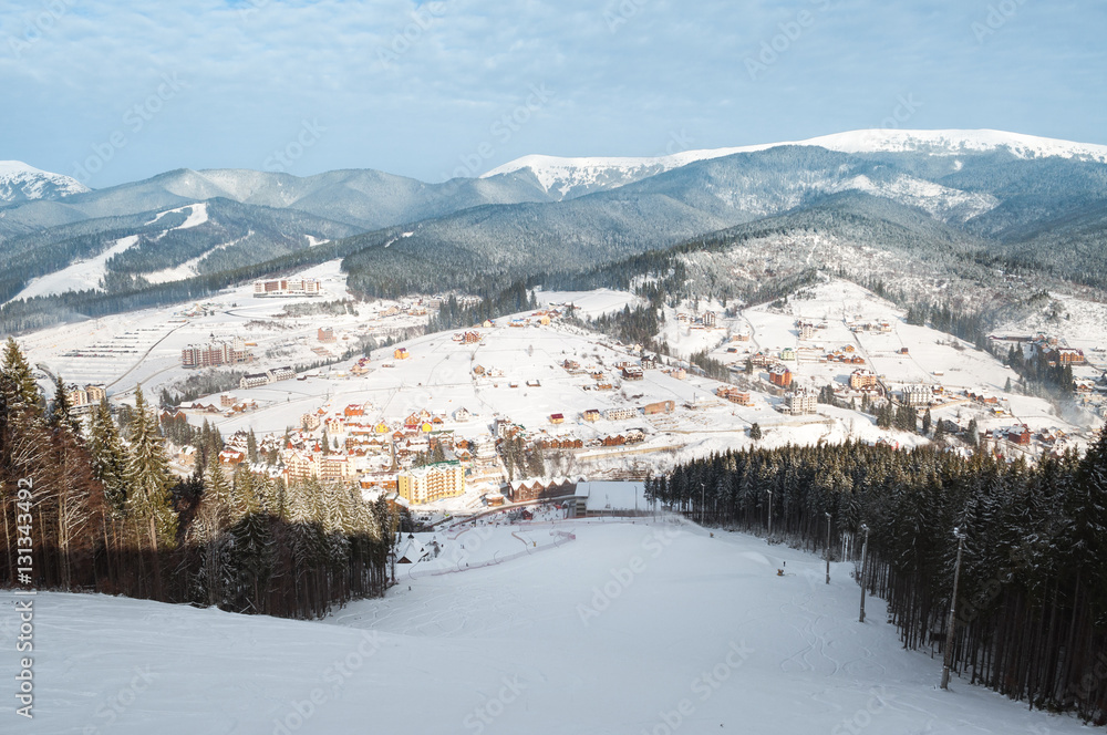 Panorama of the ski resort Bukovel in the Carpathian mountains .