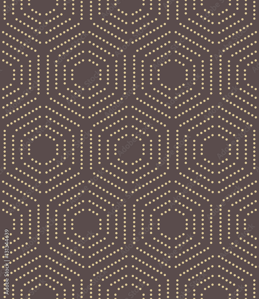 Geometric repeating ornament with hexagonal dotted elements. Seamless abstract modern pattern. Brown and golden pattern