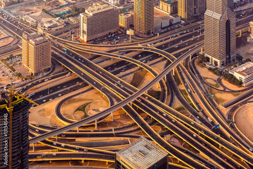 Canvas Print Dubai sunset roads from above