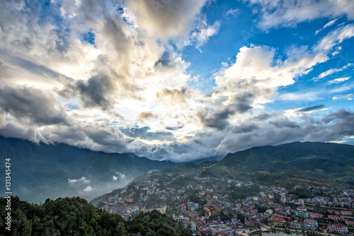 Beautiful sky at Sapa valley city in the mist in the evening, Vietnam © freebird7977