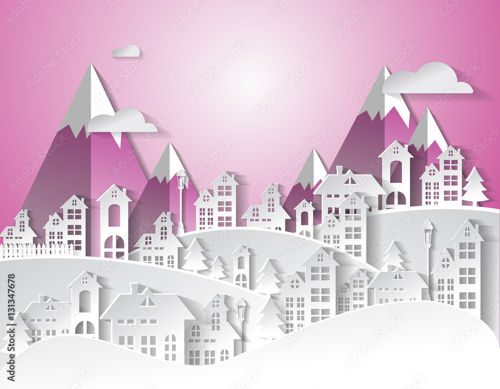 Winter Countryside Landscape City Village with pink color backgr