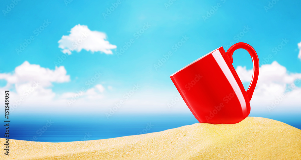 Red coffee cup on beach sand over blurry blue sky with clouds an Red coffee cup on beach sand over blurry blue sky with clouds an