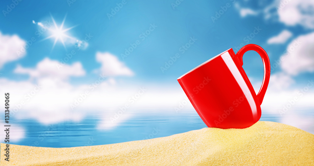 Red coffee cup on beach sand over blurry blue sky with clouds an Red coffee cup on beach sand over blurry blue sky with clouds an