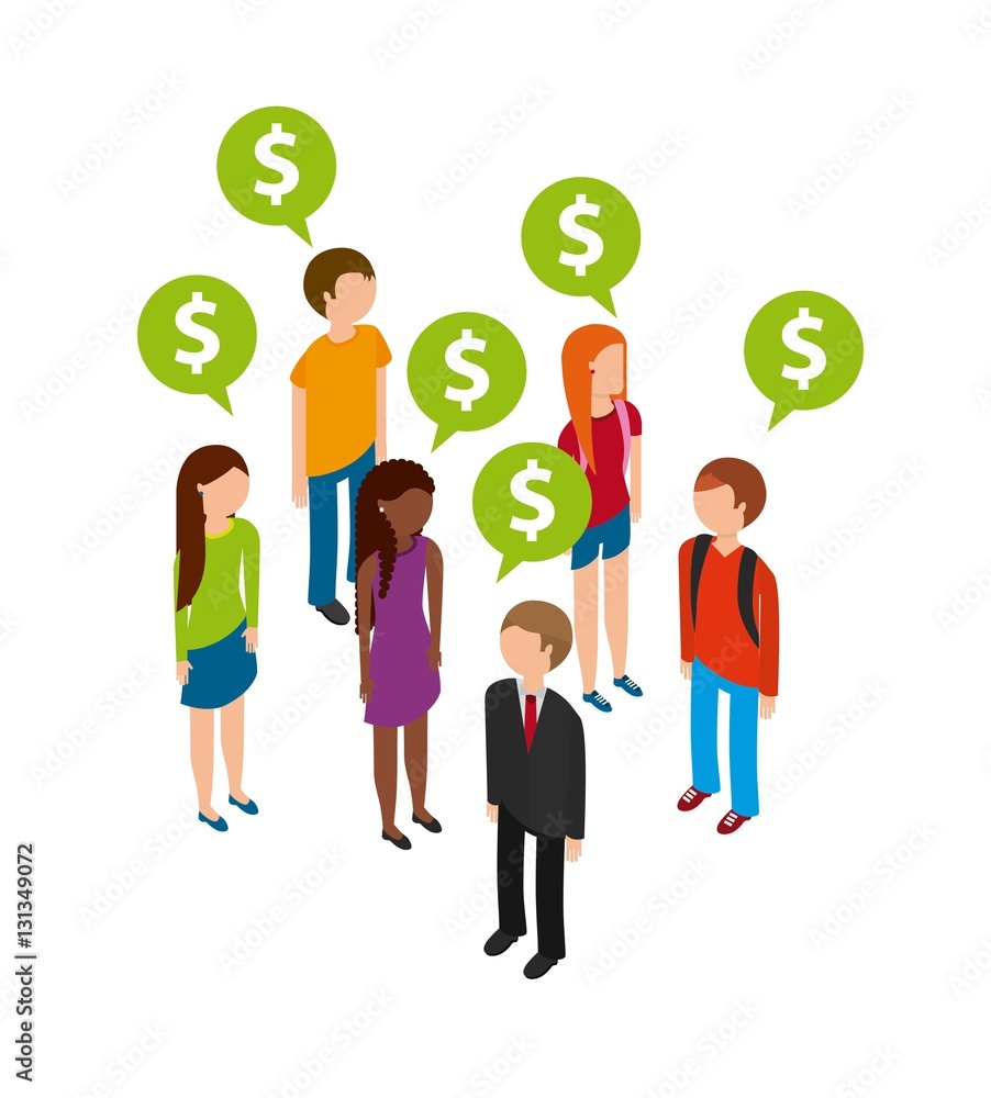 people standing with speech bubbles with money icon over white background. colorful design. vector illustration people standing with speech bubbles with money icon over white background. colorful design. vector illustration