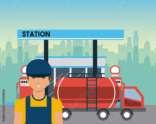 gas station, tanker truck and worker man icon. colorful design. vector illustration