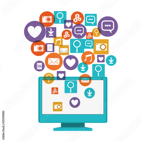 Computer social media and multimedia icon set. Apps communication and digital marketing theme. Isolated design. Vector illustration