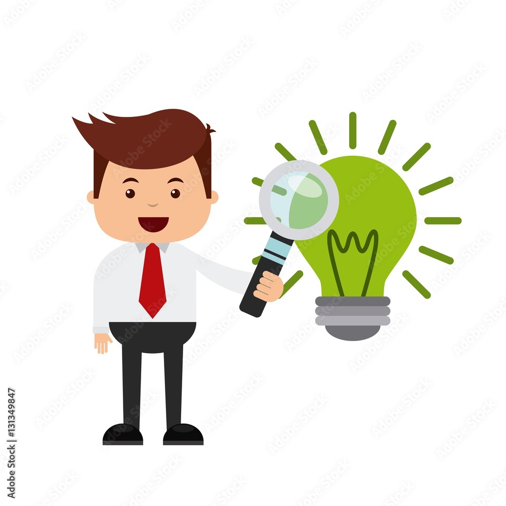businessman holding a magnifiying glass and green bulb light icon over white background. colorful design. vector illustration businessman holding a magnifiying glass and green bulb light icon over white background. colorful design. vector illustration