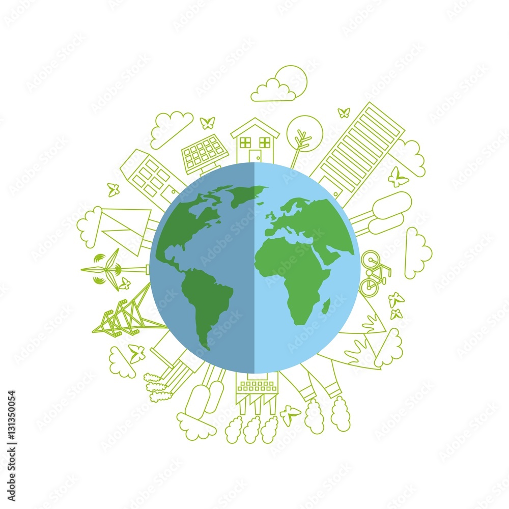 earth planet with ecology and think green icons around over white background. colorful design. vector illustration