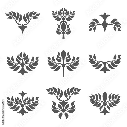 Set of abstract foliate elements. Deciduous ornament. Pattern.