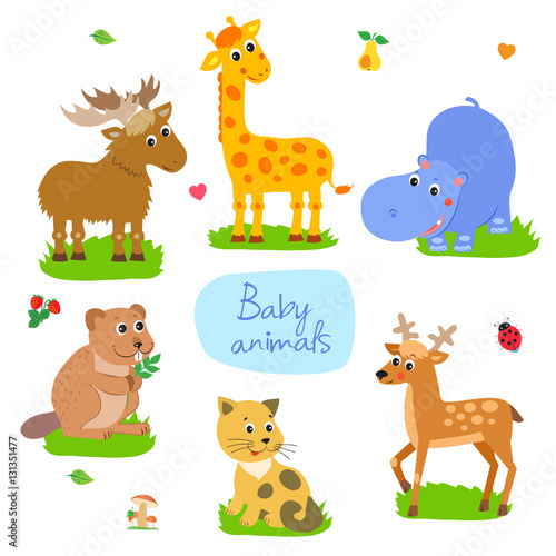 Nice Childish Background. Giraffe  Beaver  Cat  Hippo  Elk  Deer. Seamless Vector Pattern. Baby Animals Playing Together. Baby Animal For Kids. Baby Animals Pictures.