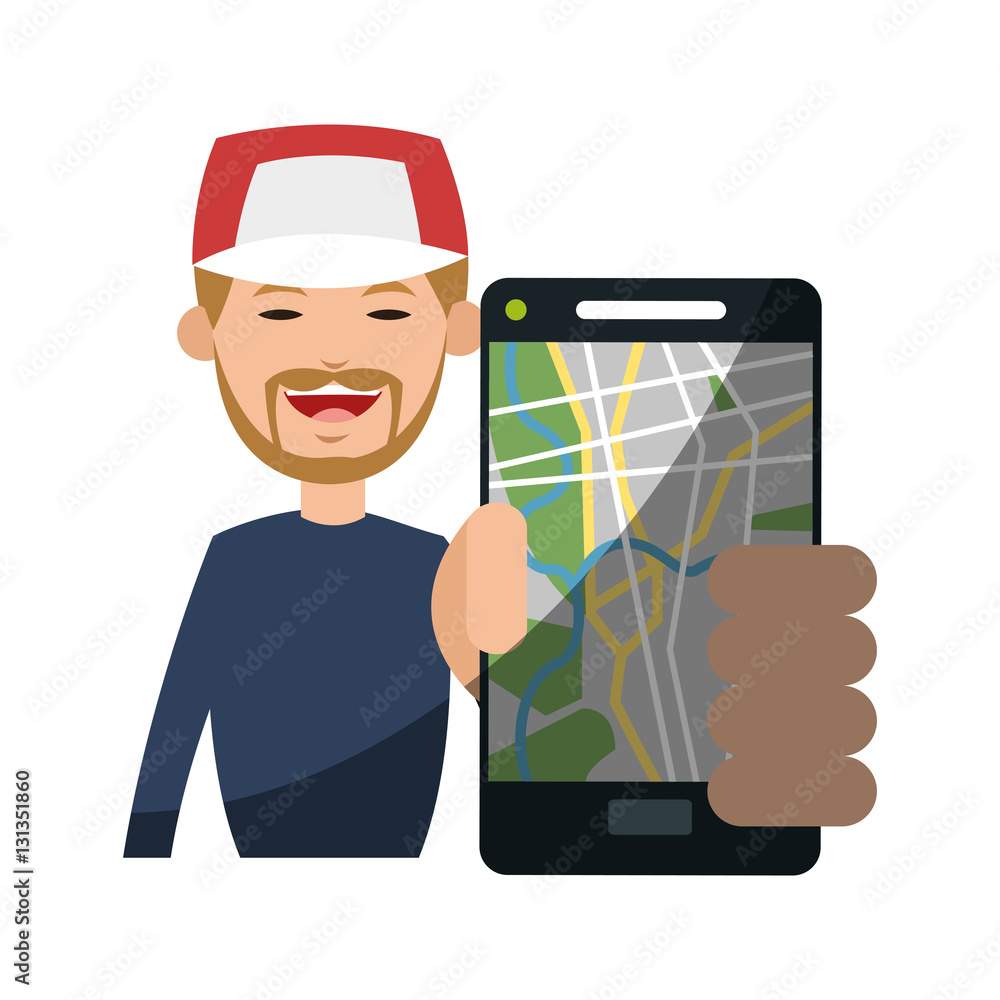 Man and smartphone with gps app icon. Travel navigation route and technology theme. Isolated design. Vector illustration Man and smartphone with gps app icon. Travel navigation route and technology theme. Isolated design. Vector illustration