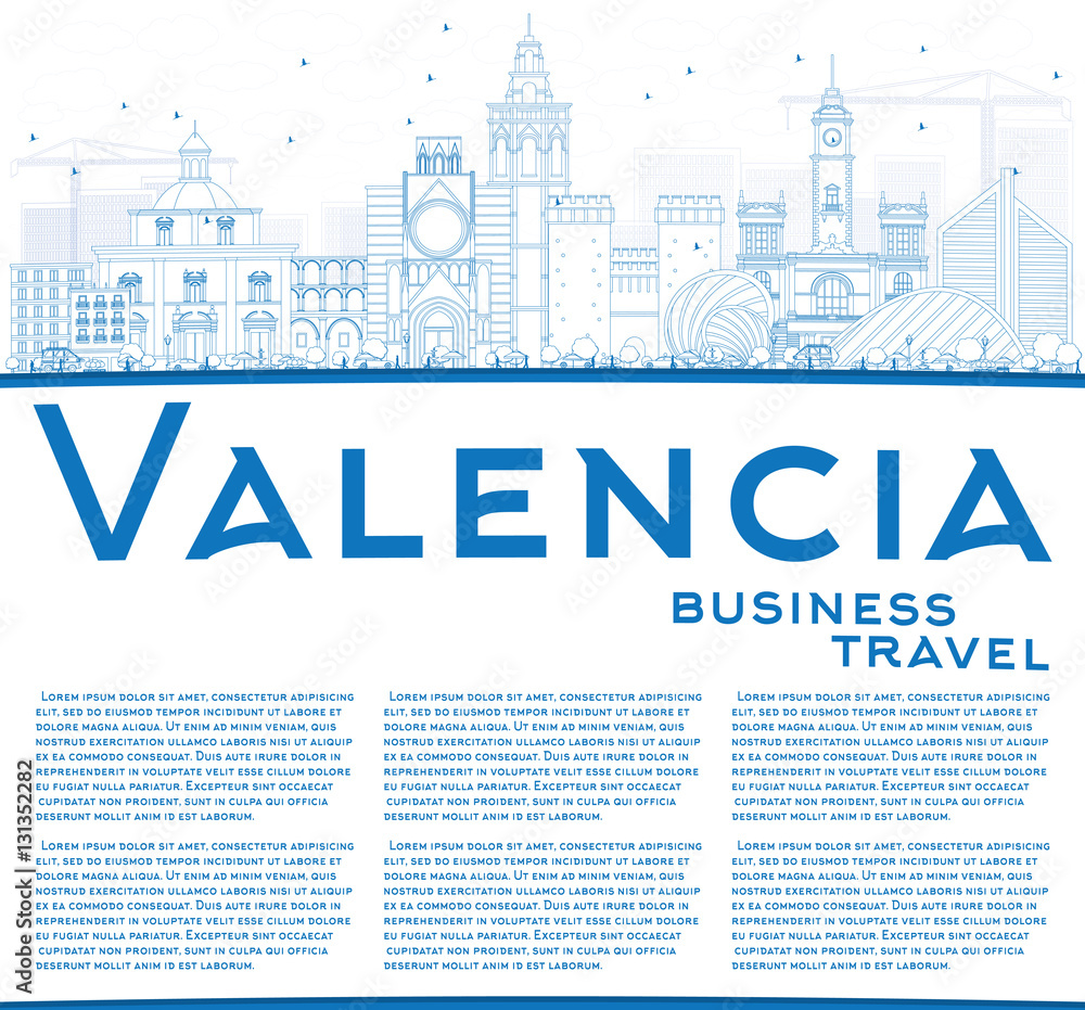 Outline Valencia Skyline with Blue Buildings and Copy Space.