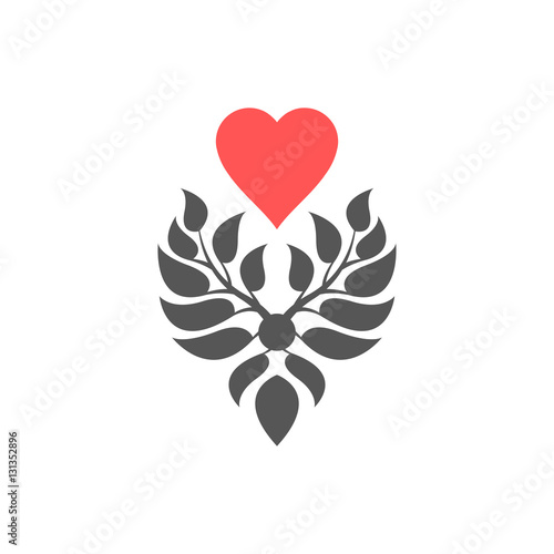 Abstract foliate element with red heart. Love ornament. Pattern.