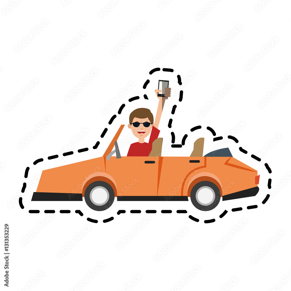 Obraz premium Man car and smartphone icon. Travel navigation route and technology theme. Isolated design. Vector illustration