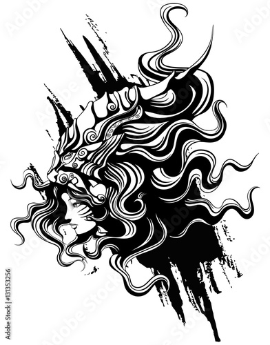 the girl in the mask the lion painted in the Chinese style