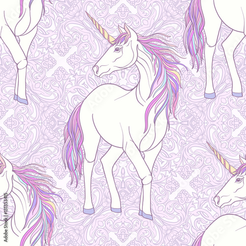 Seamless pattern with Unicorn with color pink purple mane on dec
