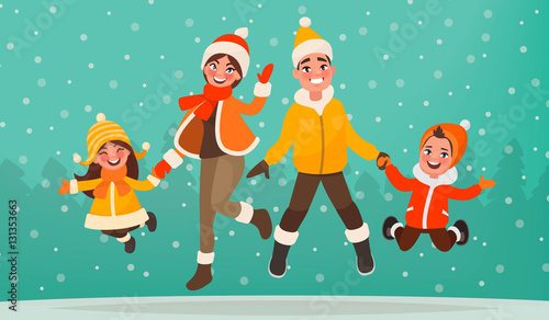 Family are having fun in winter holidays. Mom, dad, son and daug
