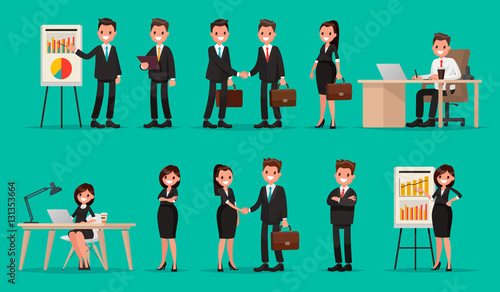 Set of business people and situations. Presentation, agreement,