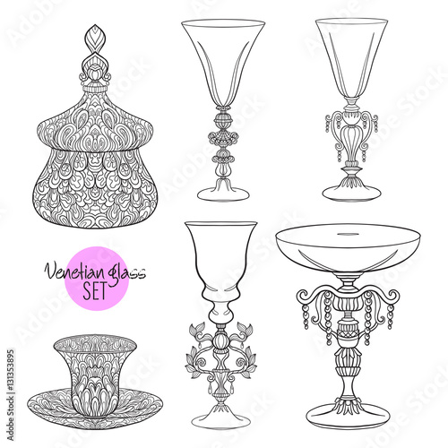 Venetian glasses and vase set. Outline hand draw. Vector illustr