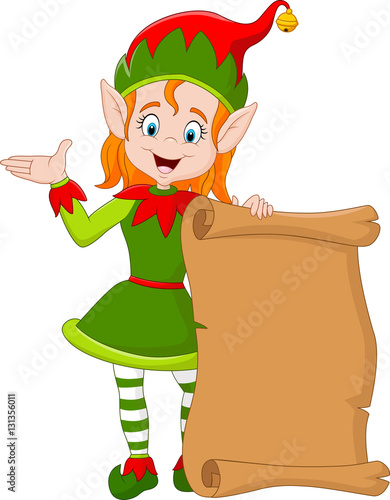 Cartoon Christmas elf girl holding old paper scroll