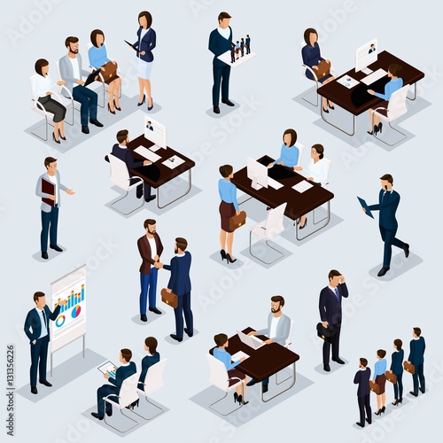 Recruitment process to set isometric business employees on a gray background. Vector illustration