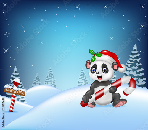 Cartoon Christmas background with panda holding candy