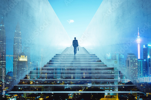 Rear view of a businessman climbing stairs to get to a large city center. Concept of success and appreciation. Double exposure