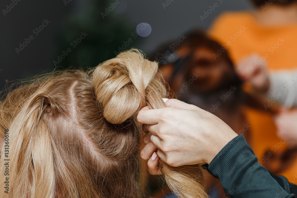 Fototapeta premium professional hairdresser doing a hairstyle to her client with he