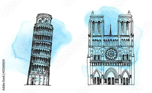 Tower of Pisa, Notre Dame de Paris Cathedral, world landmark vector set on hand drawn watercolor background, isolated on white