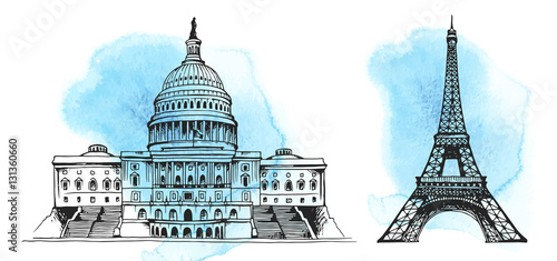 United States Capitol Building, Eiffel Tower, world landmark vector set on hand drawn watercolor background, isolated on white