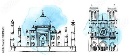Photography Taj Mahal, Notre Dame de Paris Cathedral, world landmark vector silhouettes set