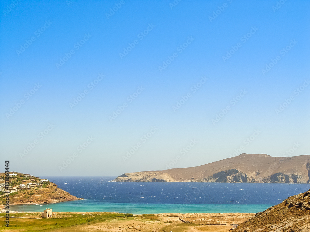 Beach in Mykonos, a popular island landmark Beach in Mykonos, a popular island landmark