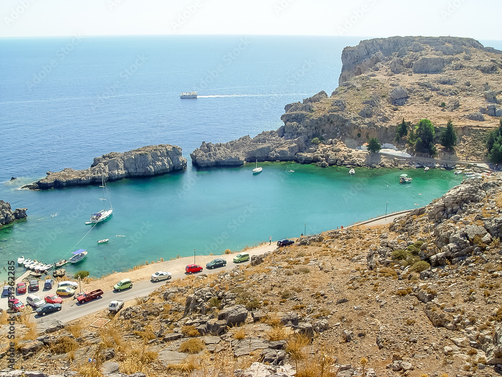 Aerial View of Saint Paul Bay and beach in Lindos